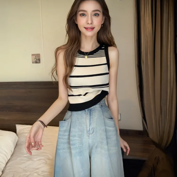 条纹背心女打底内搭通勤美背针织外穿无袖吊带遮肚子爆款百搭显瘦
