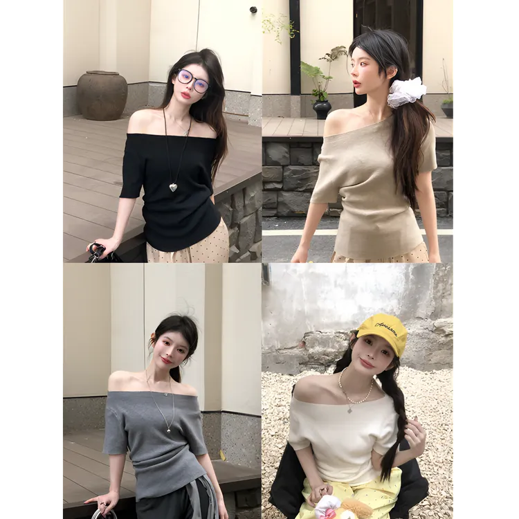 2025新品高级设计感斜肩可拉一字肩修身温柔显瘦短袖针织衫上衣