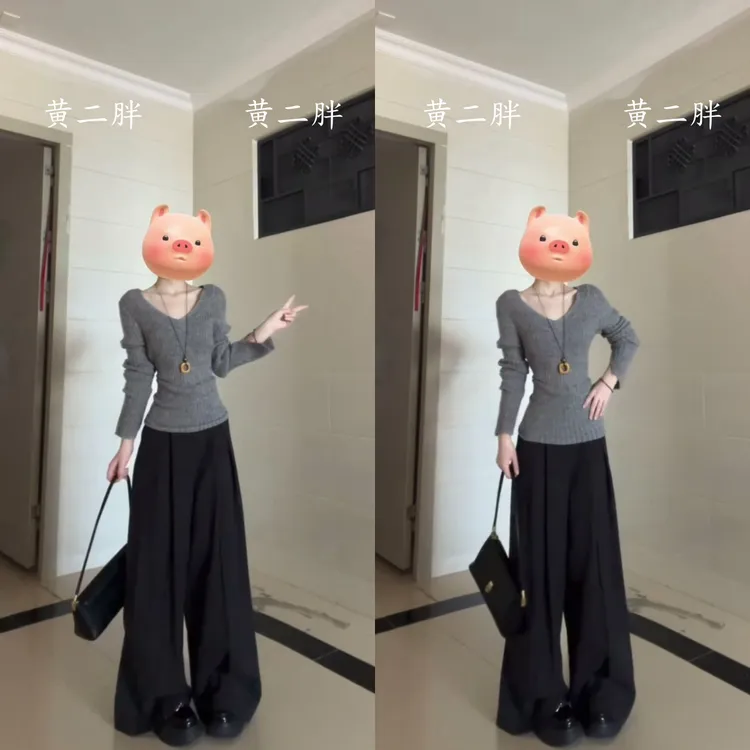 慵懒风灰色V领长袖针织衫女夏季显瘦设计感气质上衣+裤子套装潮