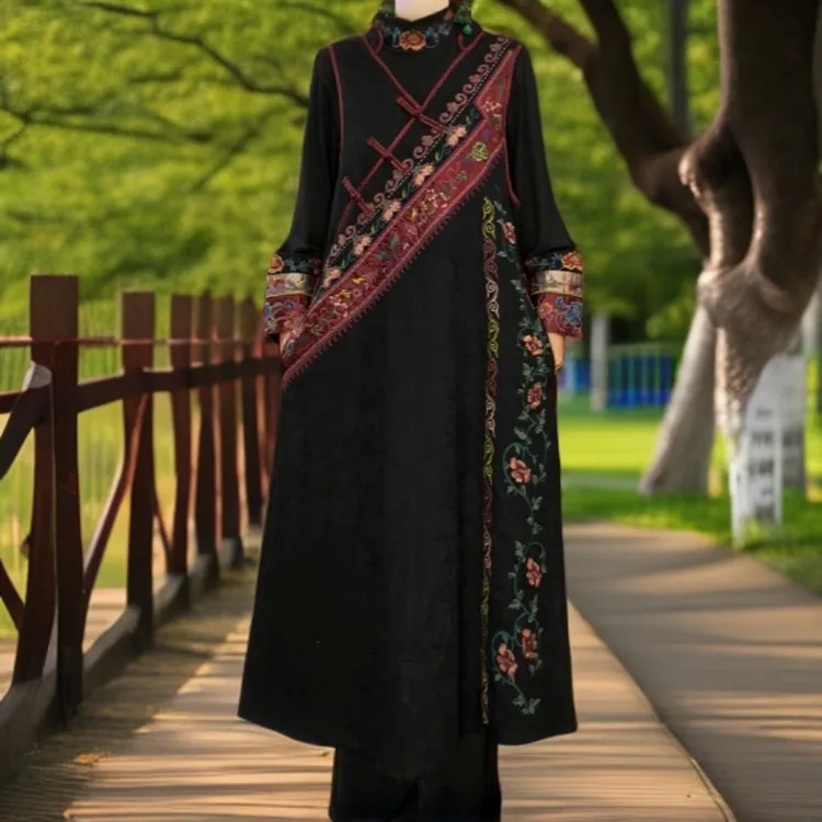 （古韵）2025秋季马夹民族风马甲群刺绣提花薄款复古长款时尚显瘦