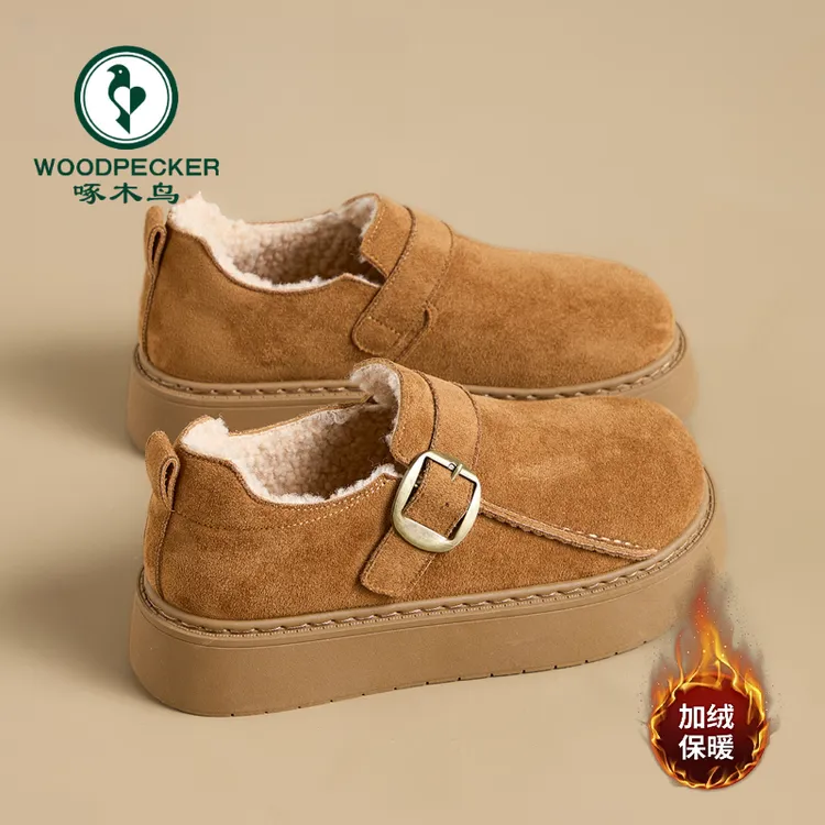 啄木鸟松糕厚底勃肯鞋女款2025新款秋冬加绒百搭乐福鞋雪地靴棉鞋