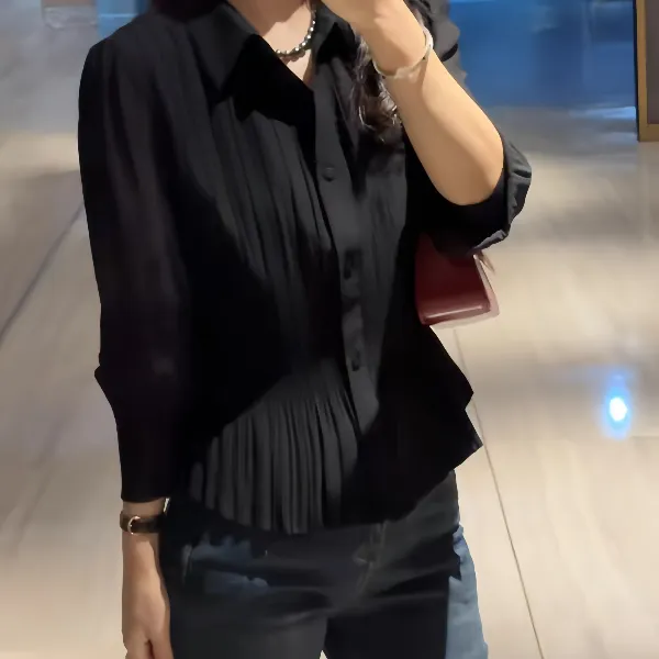 2025秋季新款大码气质翻领长袖衬衫女胖MM显瘦独特漂亮收腰衬衣潮