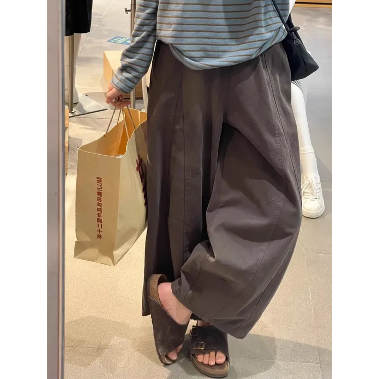 日系阔腿休闲裤女秋季新款气球裤大码胖mm高腰宽松弯刀萝卜九分裤