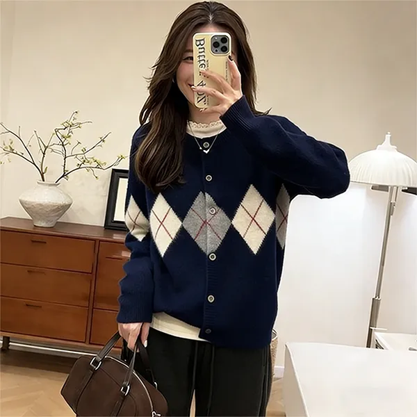 大码胖MM秋冬新款菱格提花针织开衫女2025年慵懒显瘦毛衣上衣X015