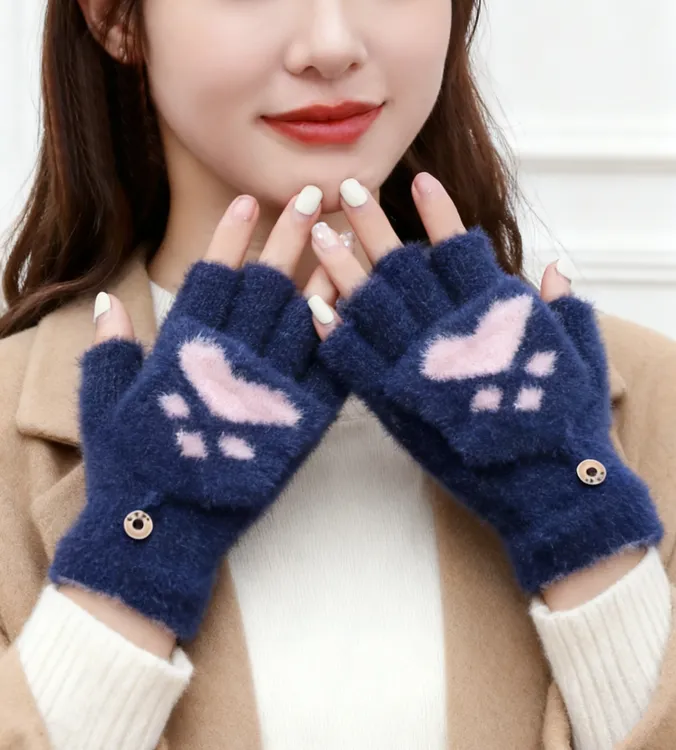 防寒半指款分指手套秋冬翻盖时尚新款保暖加厚简约款冬季毛绒手套