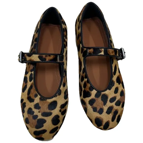 豹纹马毛玛丽珍真皮平底单鞋