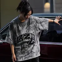XLUN 【颓废摇滚】明星同款重磅涂鸦短袖 拼接印花宽松不规则男女款