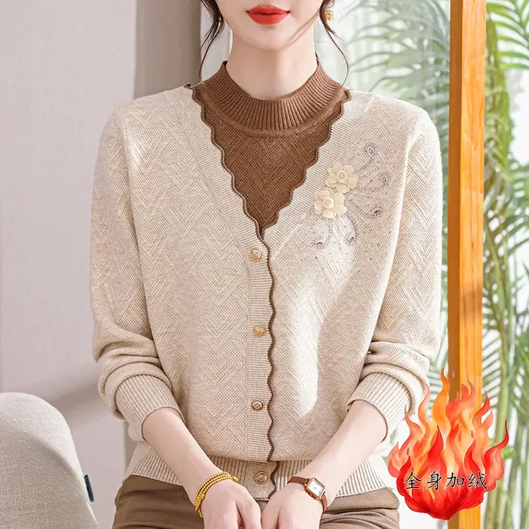 气质妈妈装假两件秋季新款洋气中年女装宽松显瘦长袖毛衣针织衫款