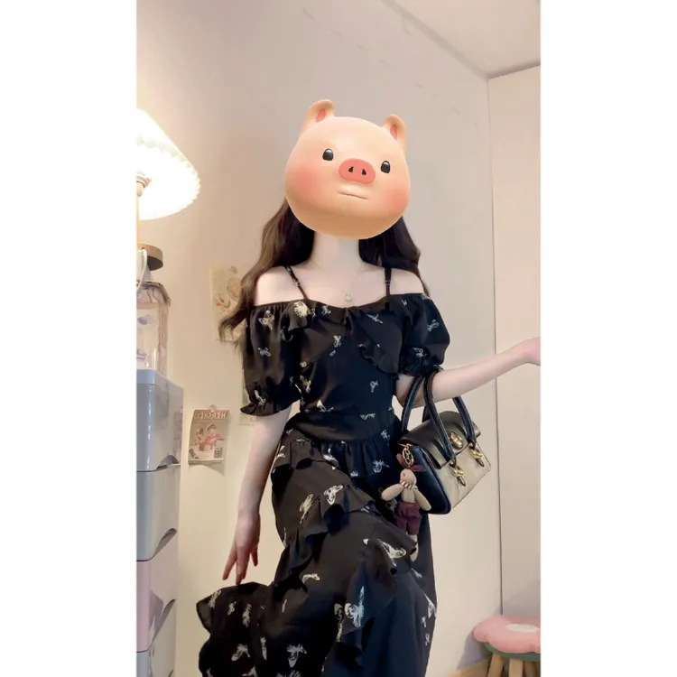 大码【夏夜蝶影】法式气质一字肩不规则印花蝴蝶结掐腰显瘦连衣裙仙