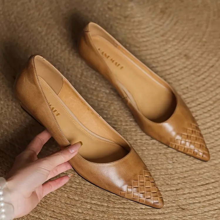 全软牛皮编织尖头单鞋女粗跟2025春秋季新款法式百搭低跟真皮女鞋