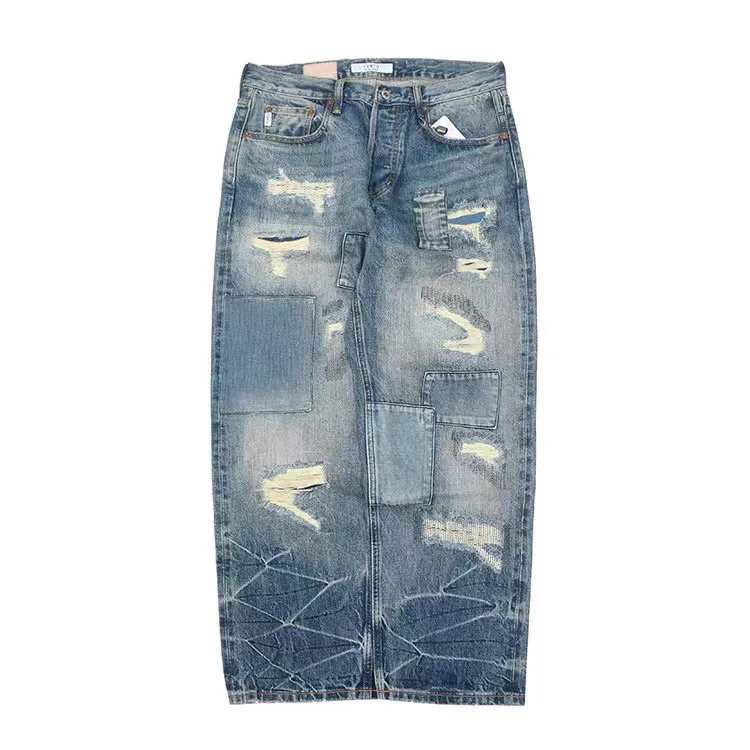 FDMTD新款重磅闪电喇子做旧宽松直筒宽松内华达水洗赤耳牛仔长裤