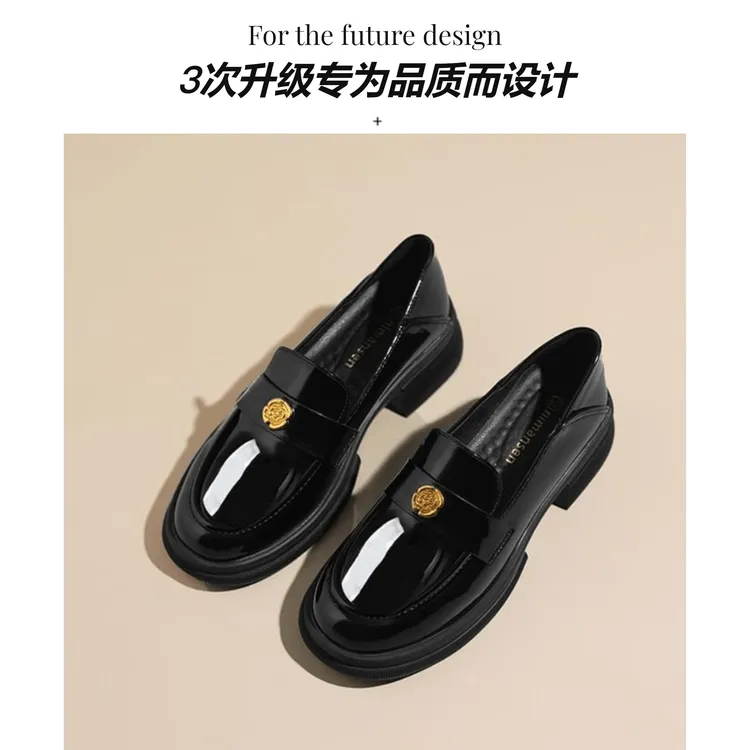 【优品】加绒经典山茶花厚底增高乐福鞋软底英伦风豆豆单鞋小皮鞋女