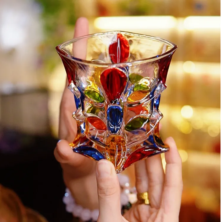 欧式手工彩绘玻璃杯网红创意格子方块编织玻璃水杯酒吧威士忌酒杯
