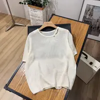 玲姐定制-圆领简约纯色漏锁骨短袖女微镂空薄微透针织短袖170020