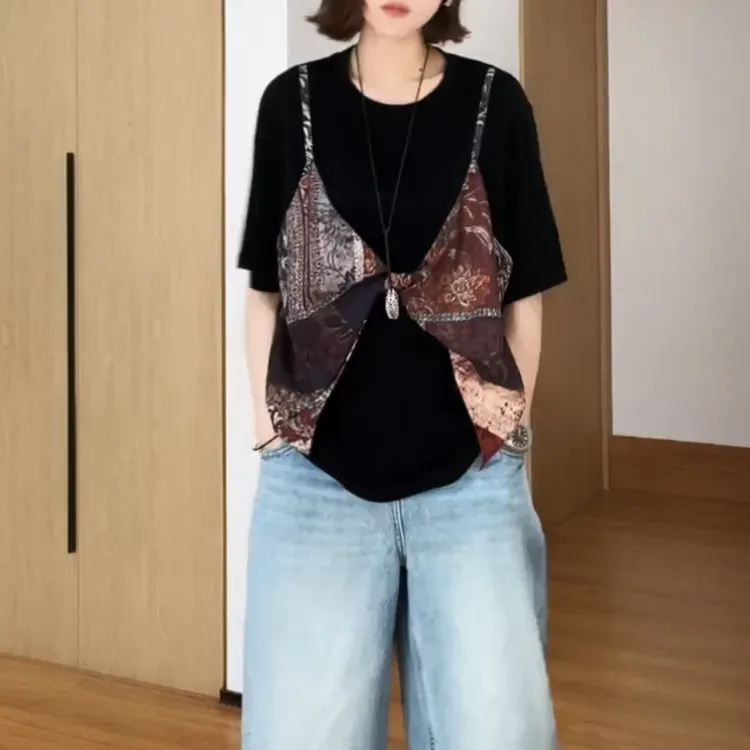 2025新款【坠入梦境】假两件圆领短袖时尚百搭T恤上衣LK2504650