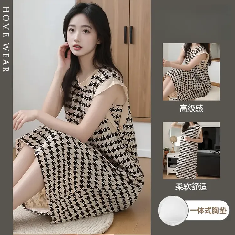 夏季甜美睡裙带胸垫吊带连衣长裙薄款大码防凸点睡衣女凉感家居服