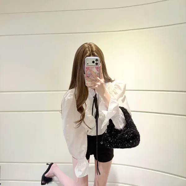 甜美减龄感设计感系带V领衬衫上衣女2025新款名媛风气质长袖衬衣