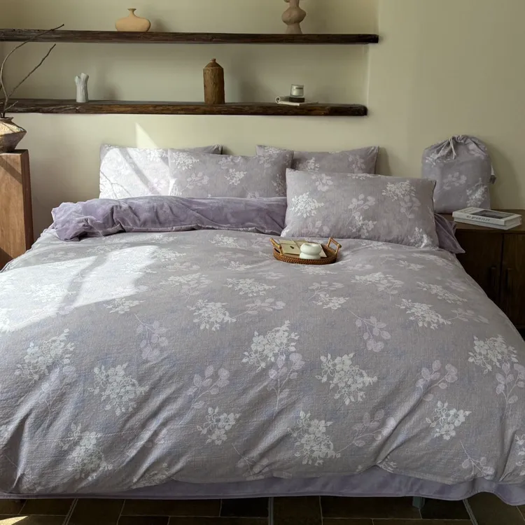 出韩国原麻提花四件套冬款宝宝绒床单被套被罩家用牛奶绒舒适床品