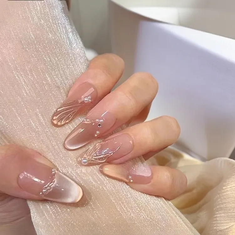 猫眼美甲专用高级装饰成品新款多巴胺夏天指甲粉色裸色蝴蝶短款