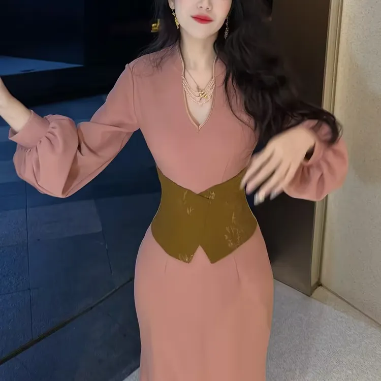 LHMknk1画报夫人原创新中式秋冬气质显瘦旗袍 腰封粉色腰带鱼尾裙