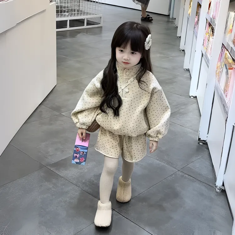 女童加绒加厚套装秋冬2025新款儿童宝宝洋气韩系圆点高领卫衣套装