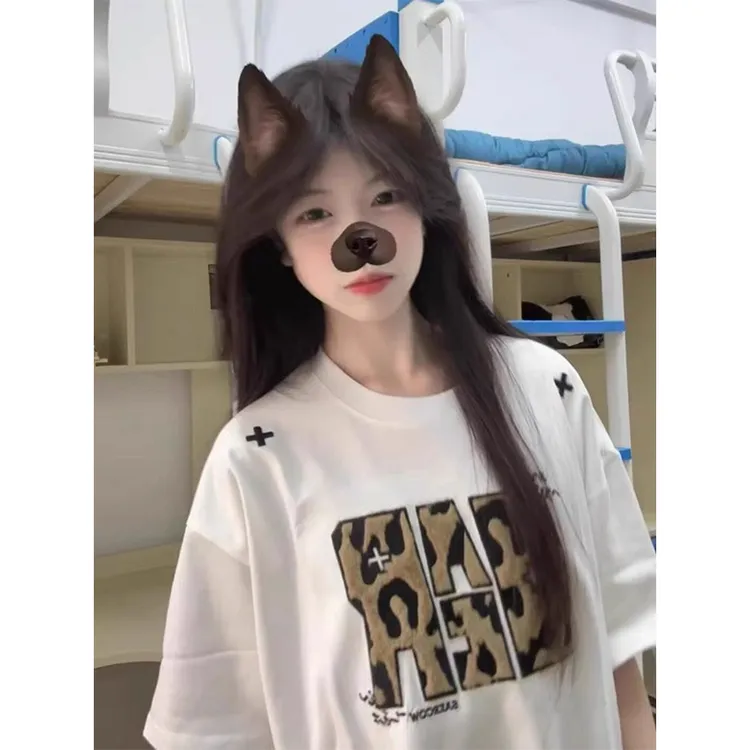 美式街头hiphop豹纹刺绣短袖T恤女夏季小众宽松百搭情侣半袖上衣