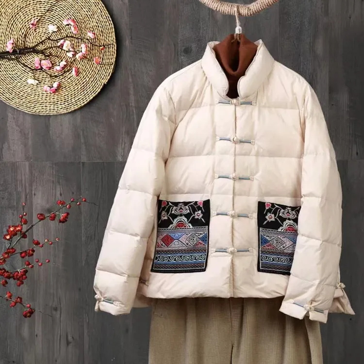 专属【M2】中国风短款羽绒服女新款刺绣盘扣立领保暖文艺复古新中式
