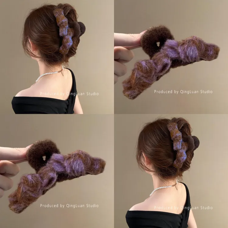 温柔木槿紫~秋冬毛绒蝴蝶结抓夹女高级感气质鲨鱼夹大号旅行发卡