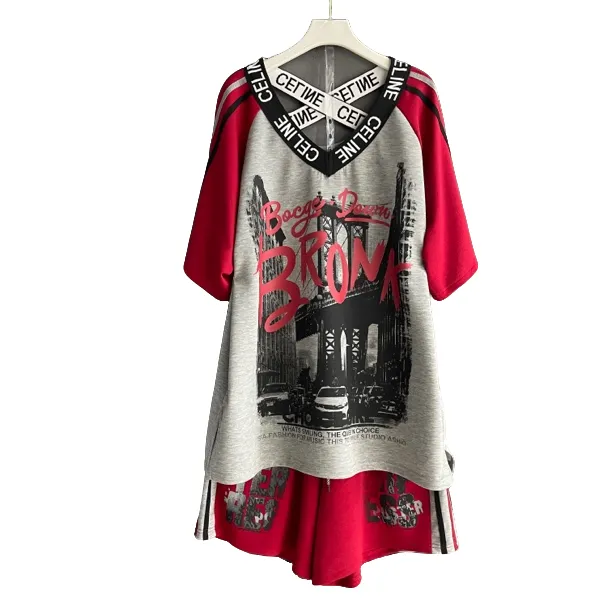 休闲运动套装设计师印花拼色夏季短裤宽松女士休闲套装