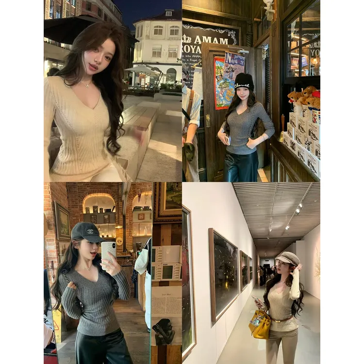 【新晋小蛮腰】立显胸大腰细!韩模感V领坑条毛衣C 9970#