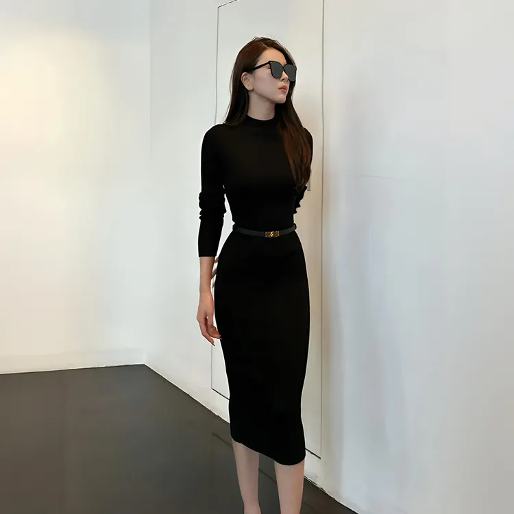 黑色修身包臀针织连衣裙女秋季长袖气质御姐风高级感中长款打底裙
