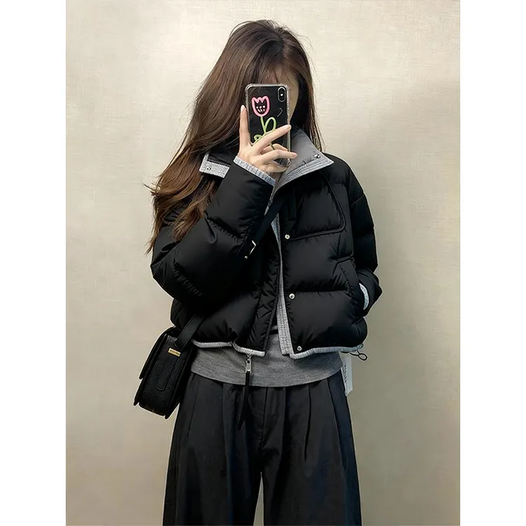 2025巨好看的短款棉服女冬小个子翻领撞色外套厚棉袄韩系面包服