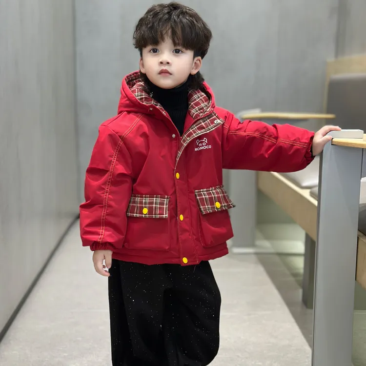MOMOCO冬季过年服男童百搭加厚外套连帽保暖加绒棉服77430138023