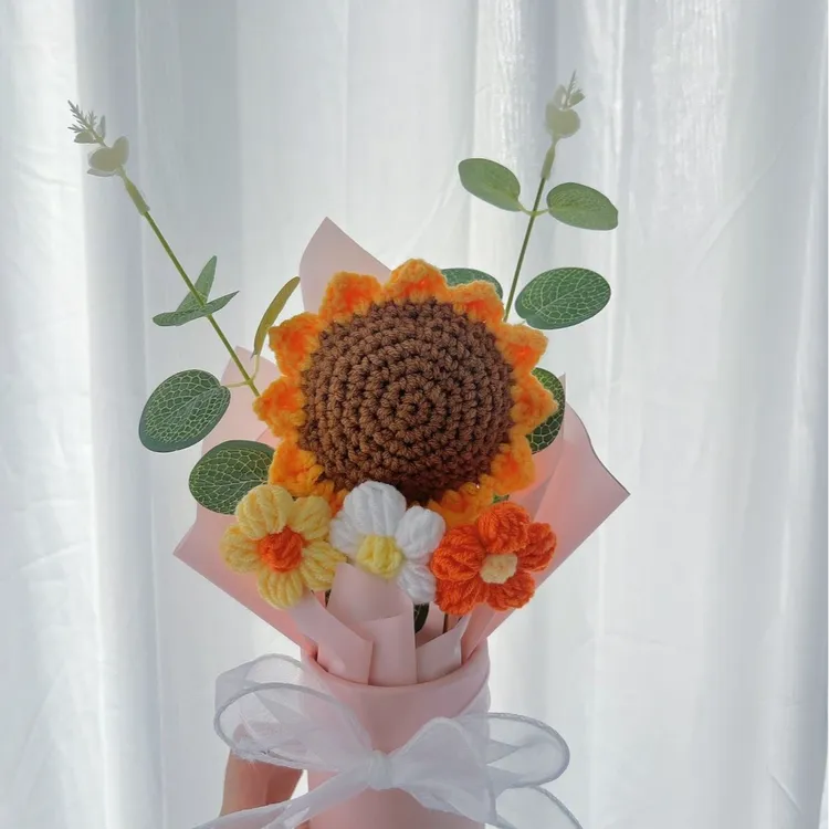 教师节手工编织毛线向日葵真花抱抱桶成品送老师朋友礼物