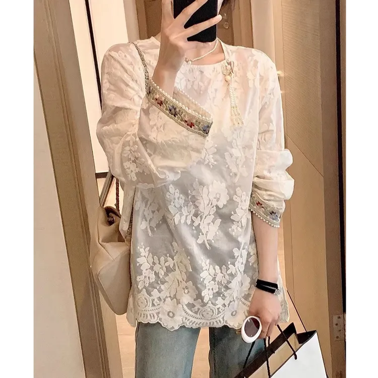 春夏必入款！新中式国风衬衫女圆领提花小衫时尚宽松打底衫上衣