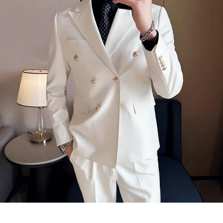 灏吉弧西装男套装双排扣主持人休闲白色礼服戗驳领商务修身通勤
