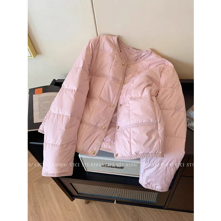 韩版小香风粉色圆领棉服女装冬季2025新款温柔保暖气质加厚面包服