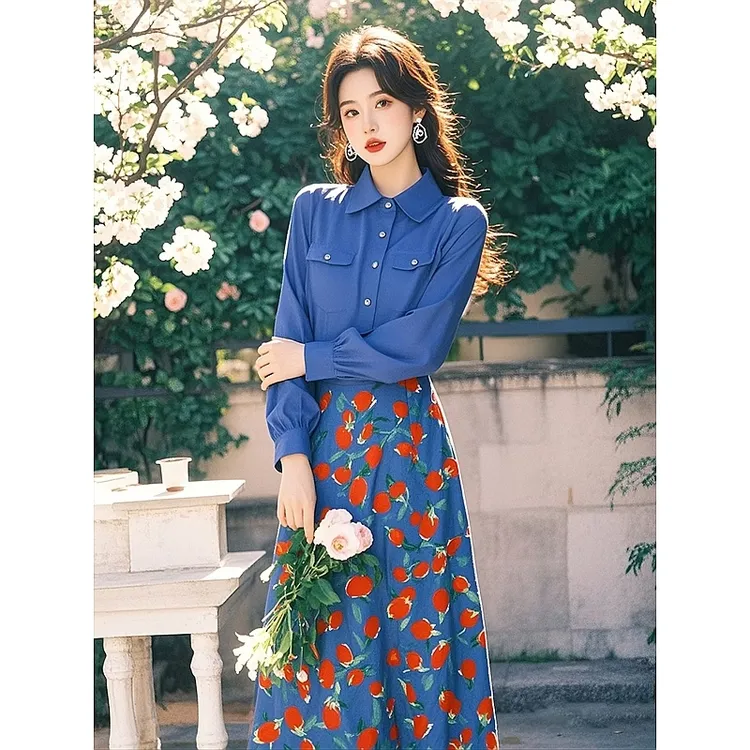 春季穿搭一整套高级感优雅气质漂亮超好看克莱因蓝衬衫半身裙套装