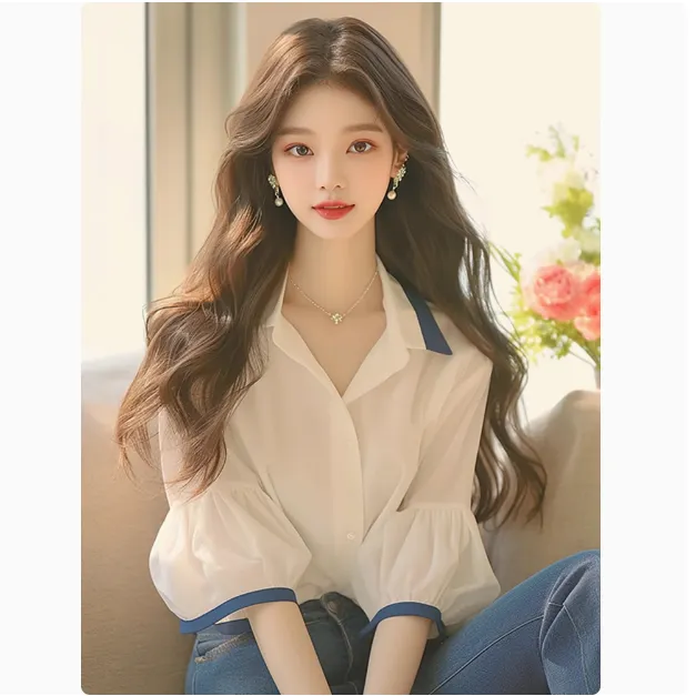 今年流行漂亮洋气减龄时尚上衣法式轻熟小众白色泡泡袖衬衫女夏季