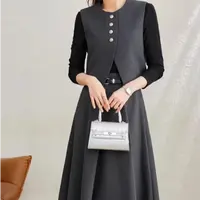【RG2548】小香风马甲长袖连衣裙套装女2025新款显瘦优雅时尚