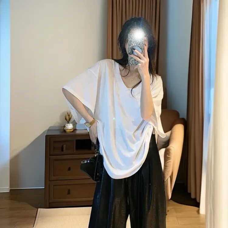 韩版松弛感慵懒风宽松大V领口纯色基础款百搭短袖T恤上衣女夏季