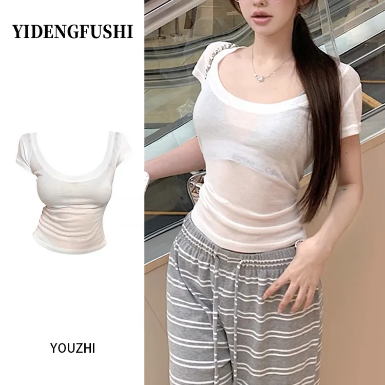 YIDENG 白色高透大领恤夏甜辣妹薄款正肩短袖设计感小众收腰上衣