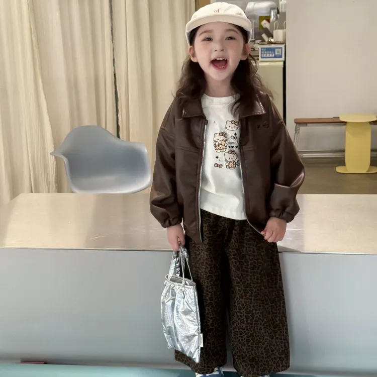 女童秋季皮衣外套套装2025新款儿童洋气长裤时髦网红豹纹裤两件套