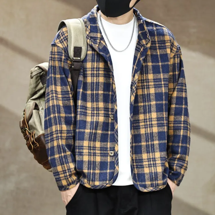 美式复古短款格子衬衫男长袖秋冬新款潮流内搭叠穿重磅衬衣外套潮