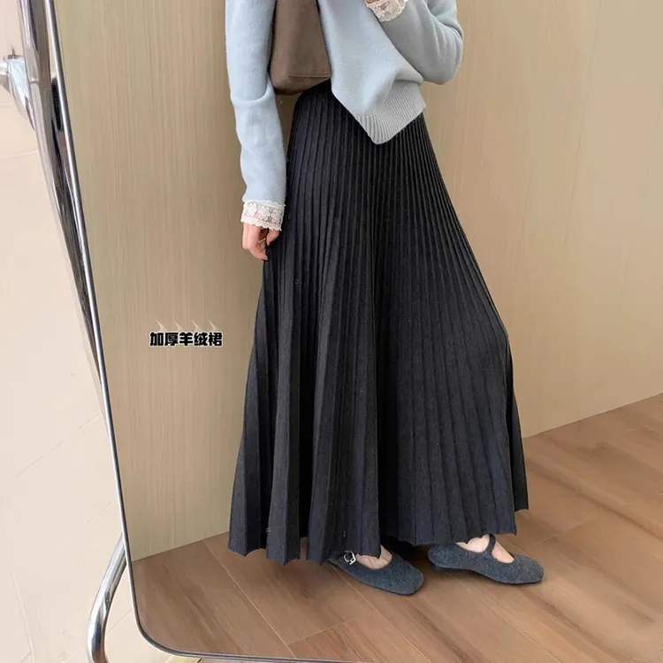 韩版淑女风加厚百褶针织半身裙女秋冬新款高腰宽松显瘦中长款伞裙