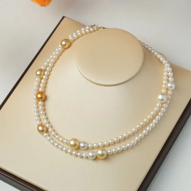 海水金珠澳白Akoya混彩珍珠项链5-12mm设计款18K金扣*多样性发一