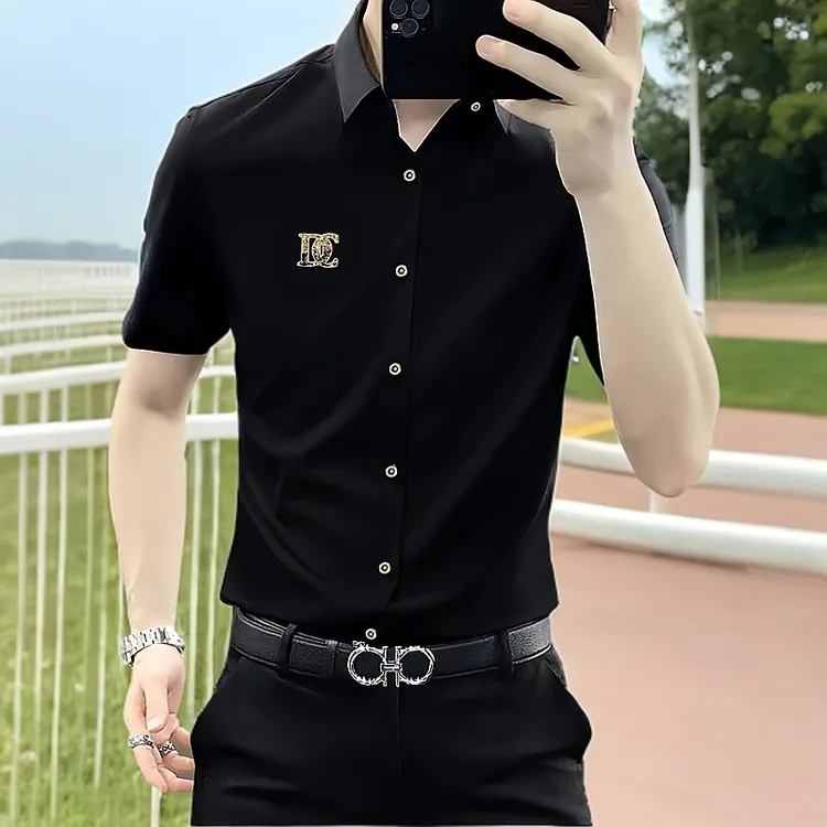 高级感韩版免烫商务短袖衬衫男夏季薄款冰丝无痕痞帅弹力衬衣潮牌