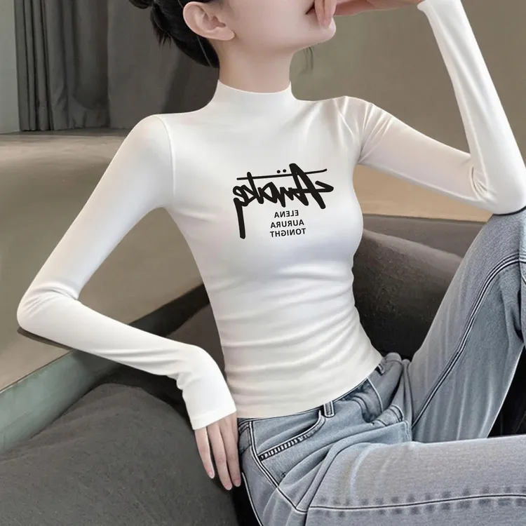 2025秋冬新款莫代尔半高领长袖打底衫女内搭修身韩版字母印花上衣