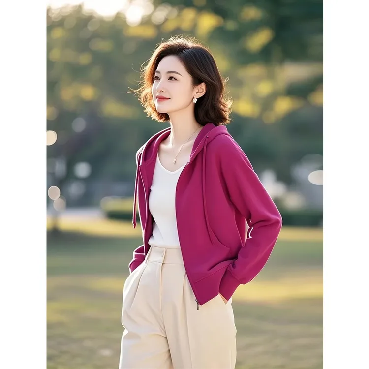 2025年早秋新款女装时髦洋气上衣气质百搭休闲玫红色连帽卫衣外套