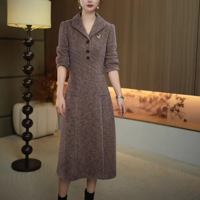 [暖晴川]秋冬新款气质修身显瘦小翻领防风保暖加厚连衣裙打底裙